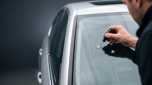 Applying Caranmi GlassFix resin to a stone chip on a car windshield