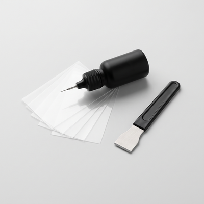 Caranmi GlassFix windshield repair kit: resin applicator, curing films and razor blade