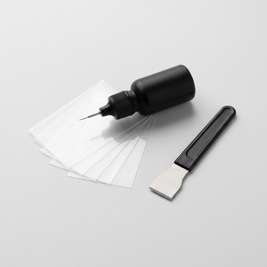 Caranmi GlassFix windshield repair kit: resin applicator, curing films and razor blade