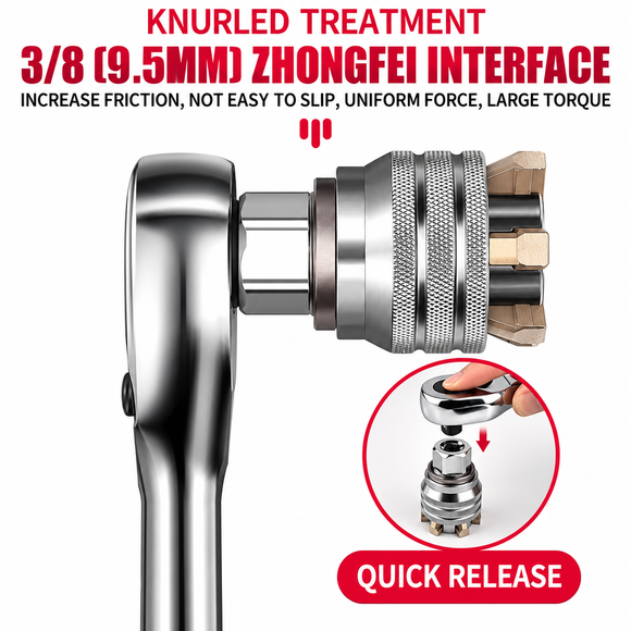 Knurled sleeve and quick-release 3/8 inch square drive on a ratchet