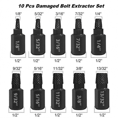 Vextrona 10PCS damaged bolt extractor set, ten sizes from 1/8 to 13/32 inch on 1/2 inch hex bodies