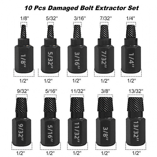 Vextrona 10PCS damaged bolt extractor set, ten sizes from 1/8 to 13/32 inch on 1/2 inch hex bodies